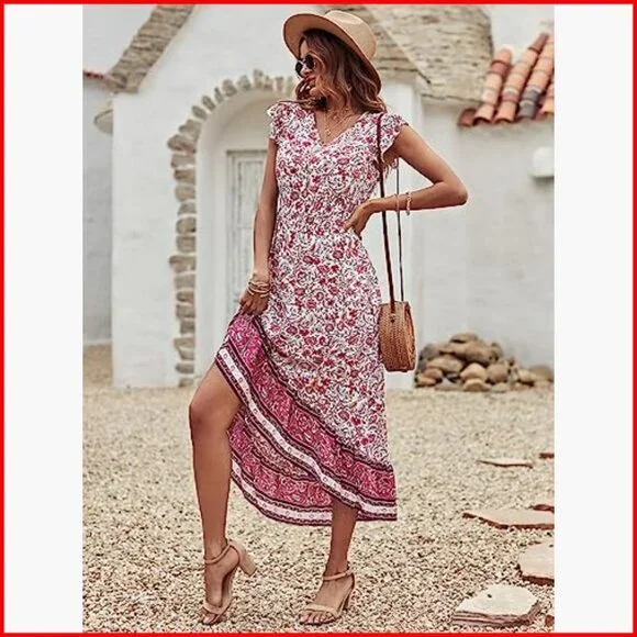 Summer Maxi Dress Floral V Neck Cap Sleeves Boho High Low Flowy Midi - Picture 3 of 7
